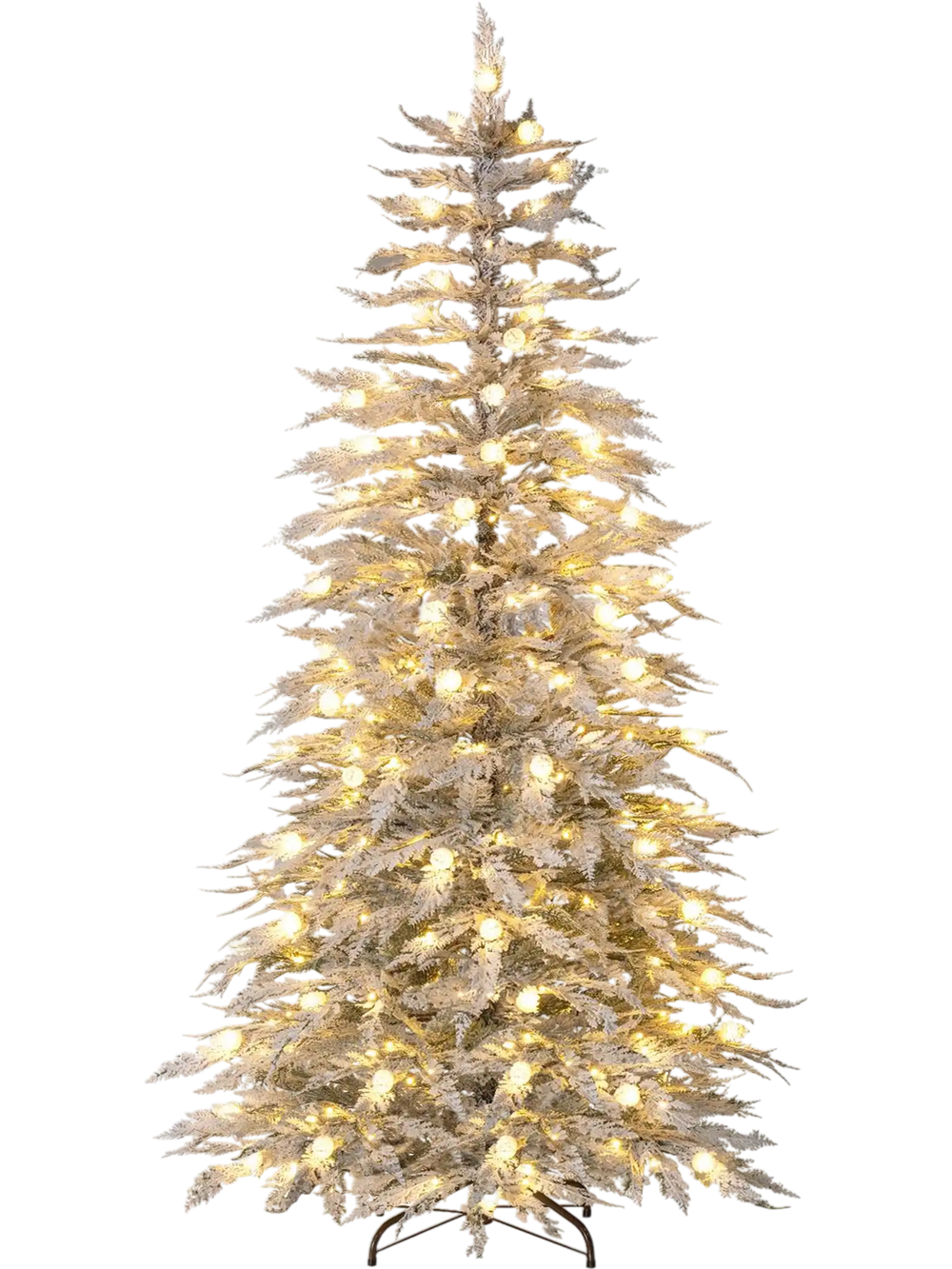 Pre-lit artificial Christmas tree with 280 warm white LED lights, featuring a snowy texture and elegant tiered design.