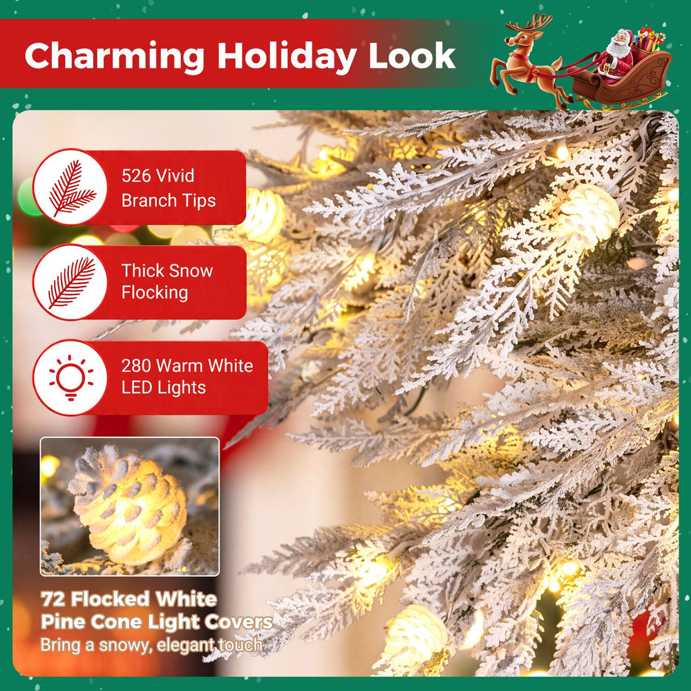 Pre-lit artificial Christmas tree featuring 526 branch tips, 280 warm white LED lights, and 72 snowy pine cone covers.