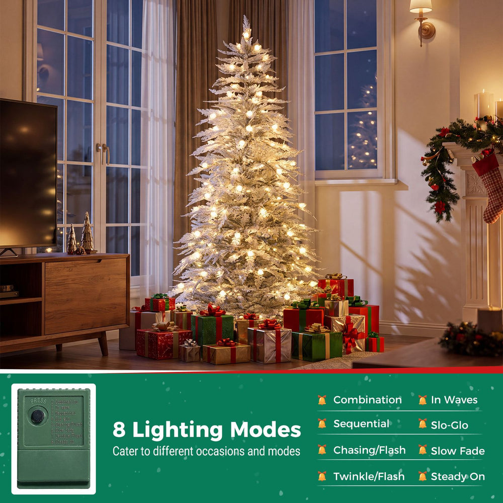Pre-lit artificial Christmas tree with 440 warm white LED lights and 8 lighting modes for festive holiday elegance.