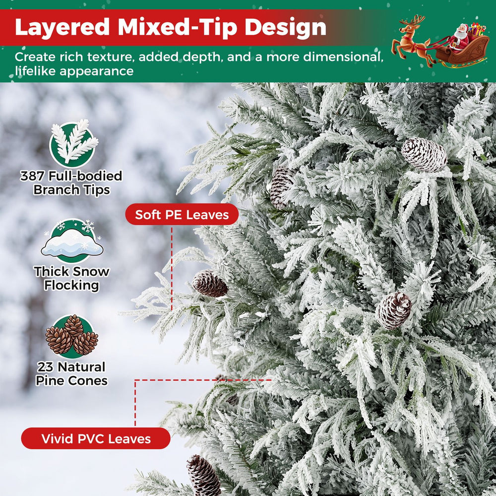 Close-up of the snow-flocked branches of a pre-lit artificial Christmas tree with PVC and PE leaves for a lifelike appearance.