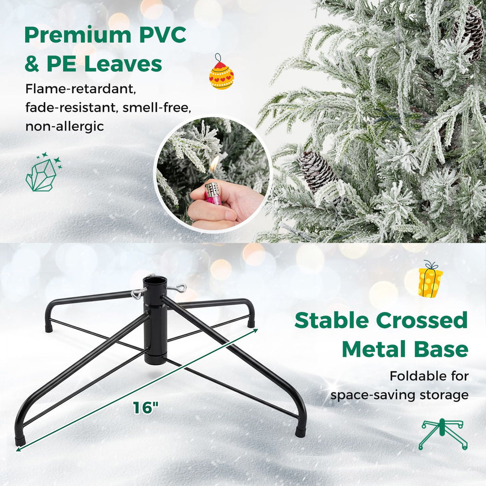 Stable crossed metal base of the pre-lit artificial Christmas tree, featuring flame-retardant PVC and PE leaves for safety.