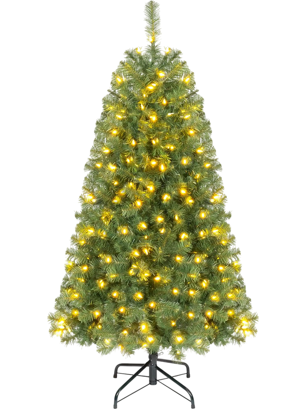 Pre-lit artificial Christmas tree with 200 warm white LED lights, featuring a fir-inspired silhouette for festive charm.