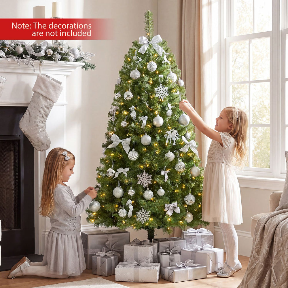 Pre-lit 4.5/7 FT artificial Christmas tree with 200/500 warm white LED lights, perfect for festive holiday decor.