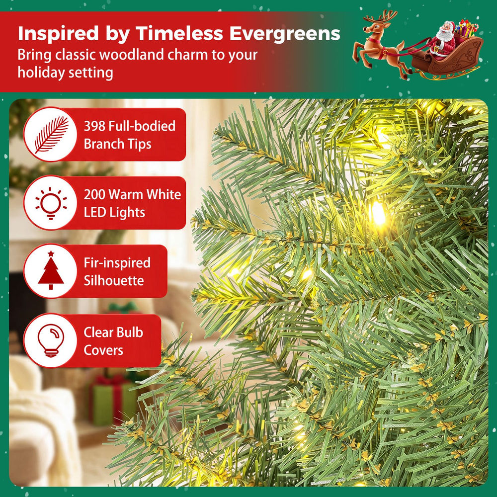 Pre-lit 4.5/7 FT artificial Christmas tree with 200/500 warm white LED lights and fir-inspired silhouette for holiday charm.