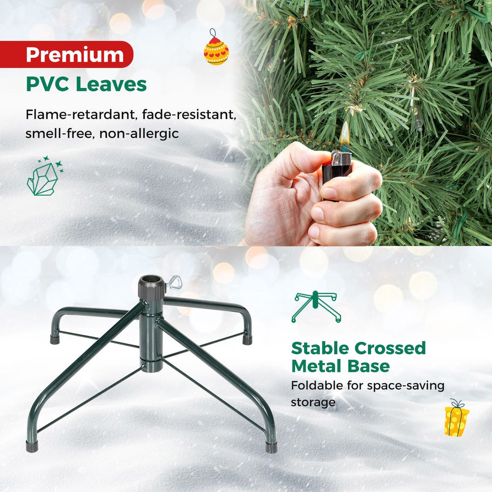 Pre-lit artificial Christmas tree with 200/500 warm white LED lights and a stable crossed metal base for easy setup.