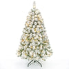 Snow-flocked pre-lit artificial Christmas tree with warm white LED lights for a cozy holiday atmosphere.