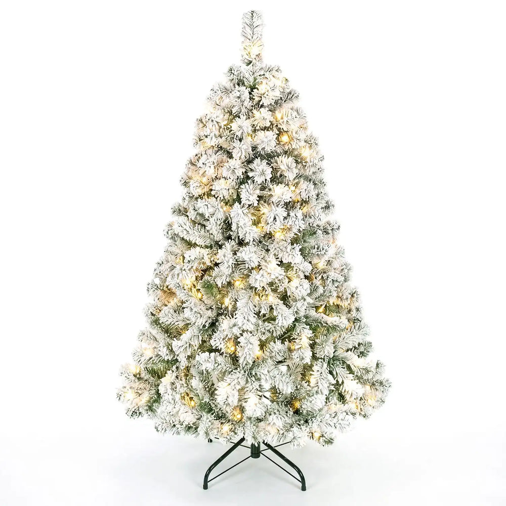 Snow-flocked pre-lit artificial Christmas tree with warm white LED lights for a cozy holiday atmosphere.