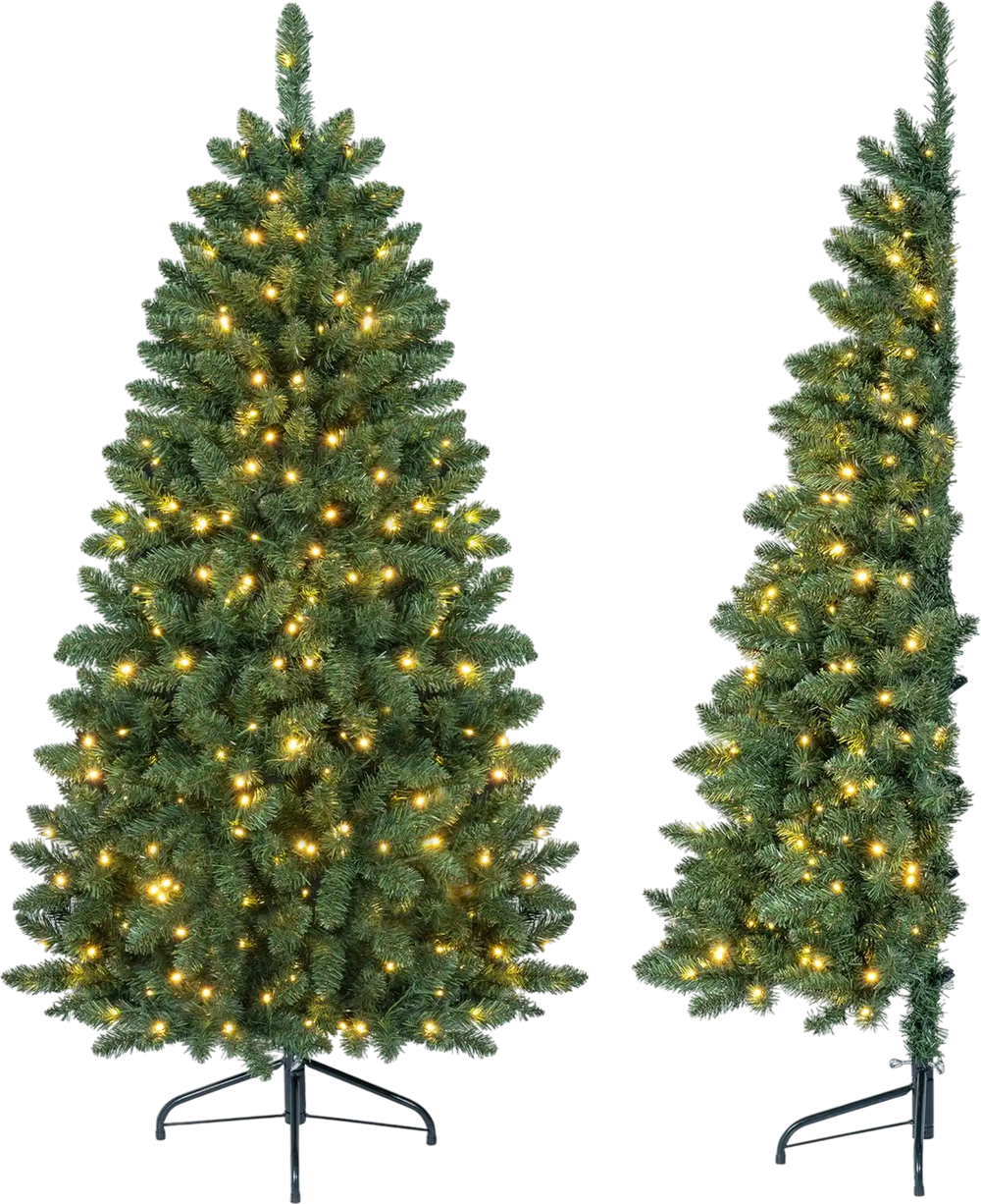 Pre-lit 5 ft artificial half Christmas tree with 250 warm white LED lights and 8 flash modes, perfect for wall placement.