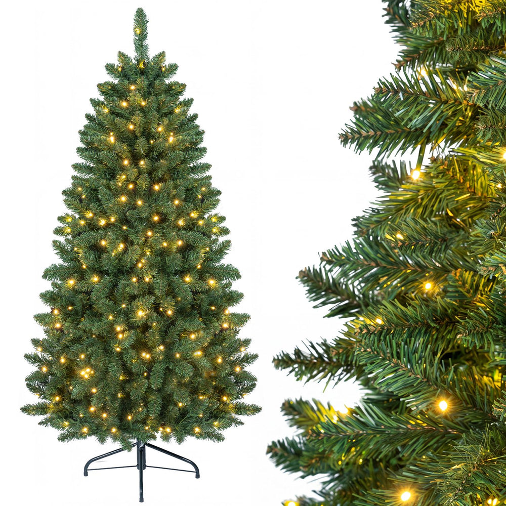Pre-lit 5 ft half Christmas tree with 250 warm white LED lights and 8 flash modes, perfect for wall placement.