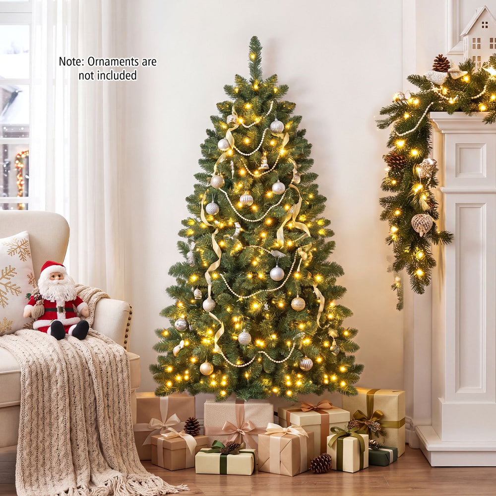 Pre-lit 5 ft artificial half Christmas tree with 250 warm white LED lights, perfect for wall placement and holiday decor.