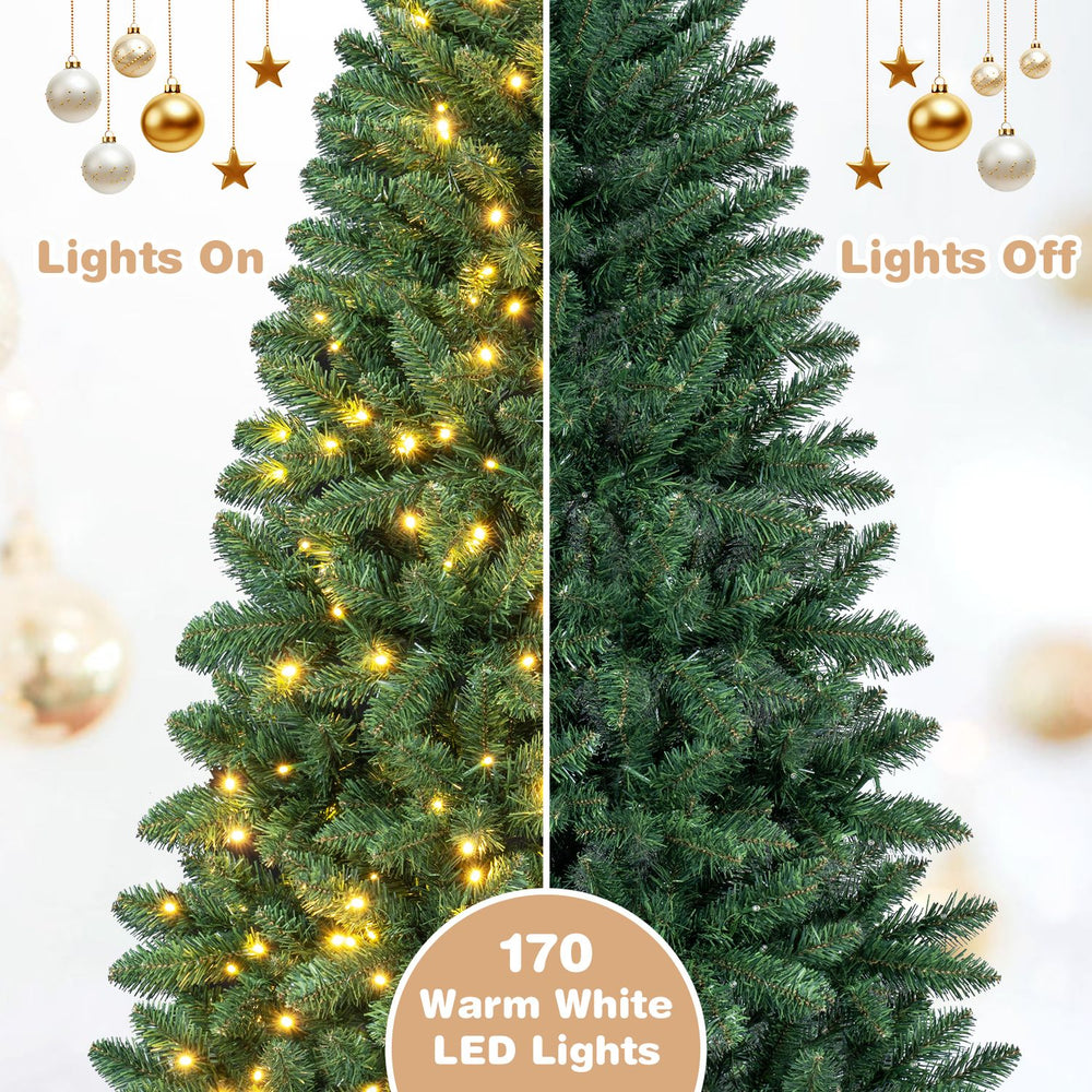 Pre-lit 5 ft half Christmas tree with 250 warm white LED lights, featuring 8 flash modes for festive indoor decoration.