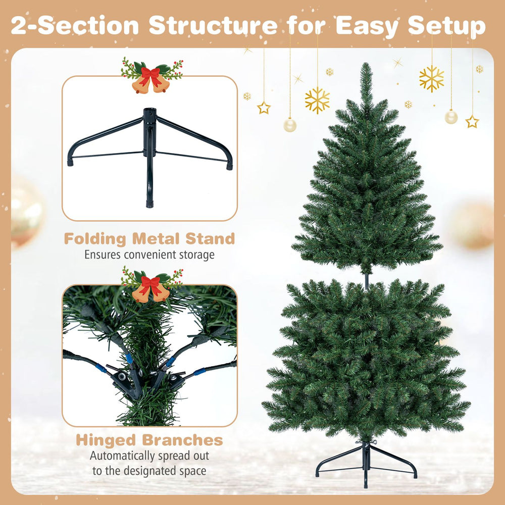 Pre-lit 5 ft artificial half Christmas tree with 250 warm white LED lights and sturdy metal stand for easy setup.