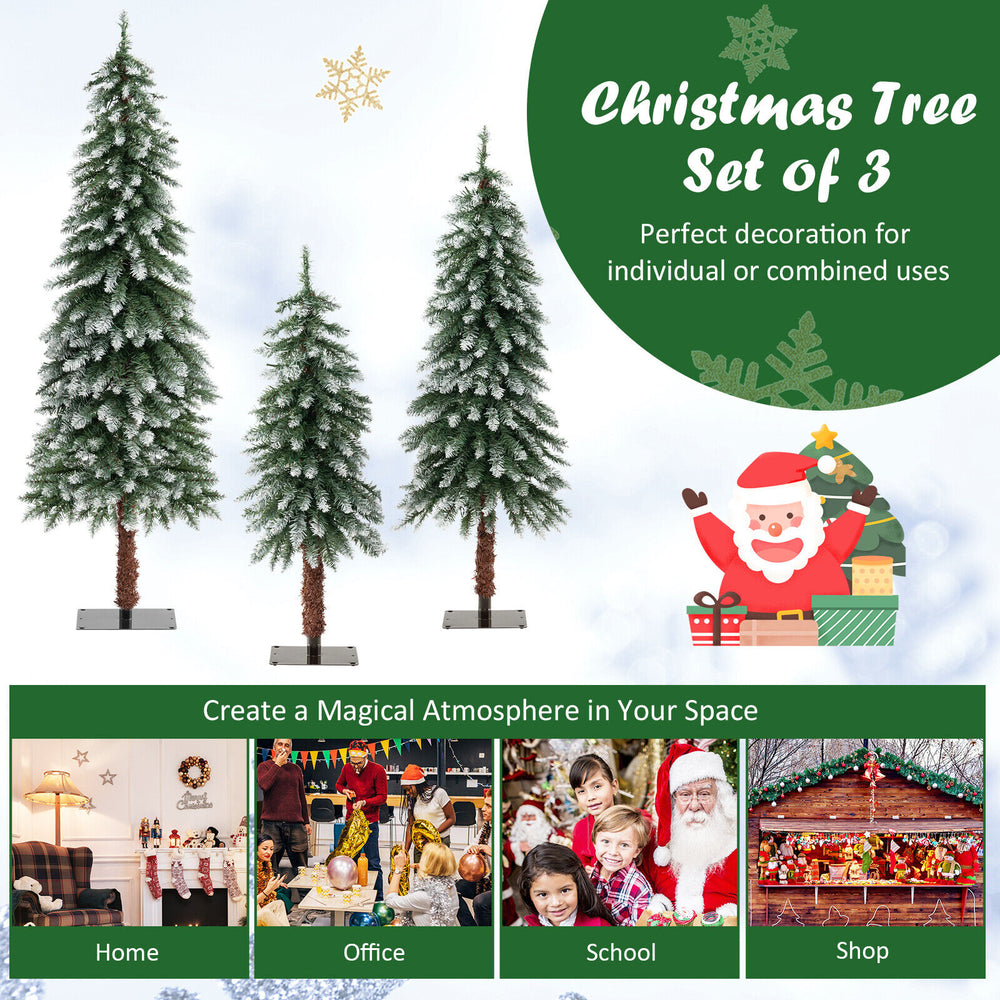Snowy slim pre-lit Christmas tree set of 3 with 50, 100, and 150 LED lights for festive home or office decoration.