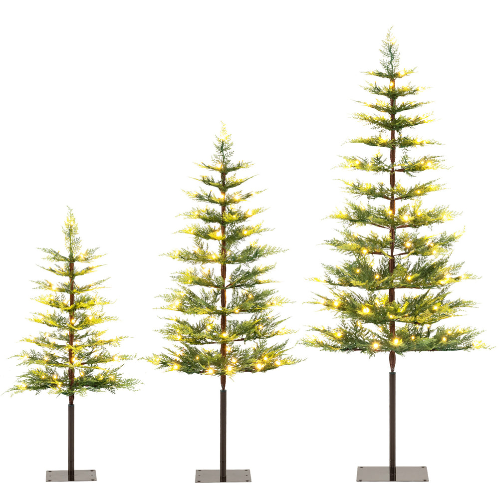Set of 3 pre-lit cypress Christmas trees in green, featuring realistic branch tips and warm white LED lights for festive decor.