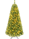 Pre-lit 6-foot green artificial Christmas tree with 600 LED lights and full branch tips for a lifelike holiday display.