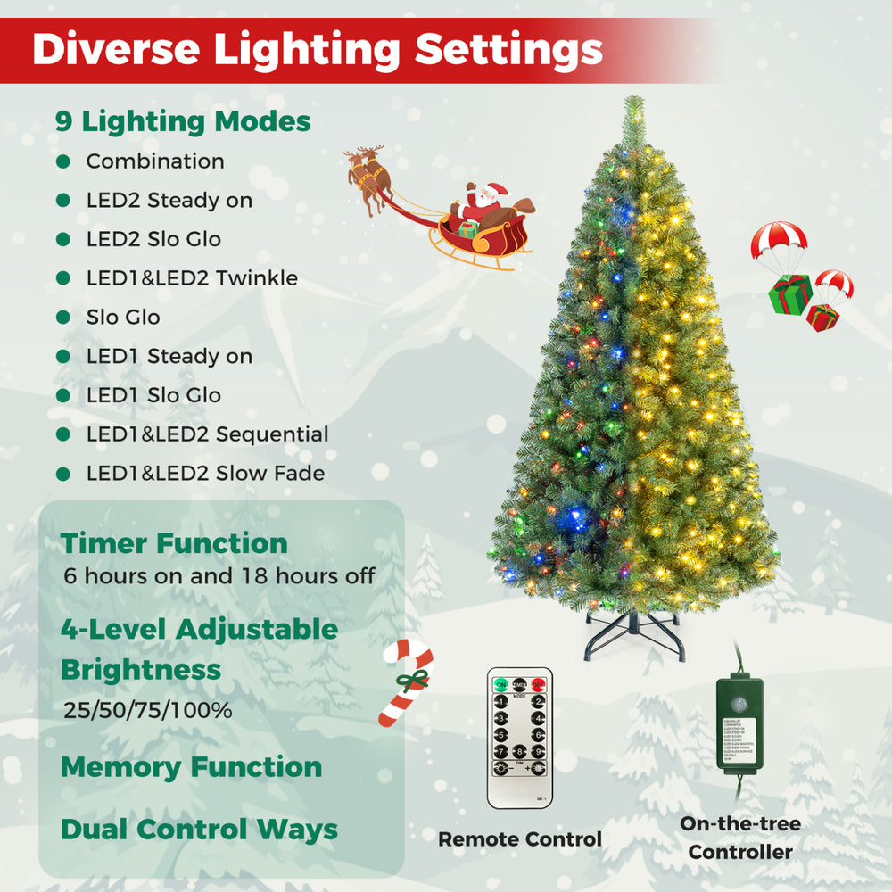Pre-lit 6-foot green artificial Christmas tree with 600 LED lights, featuring 9 lighting modes and adjustable brightness.