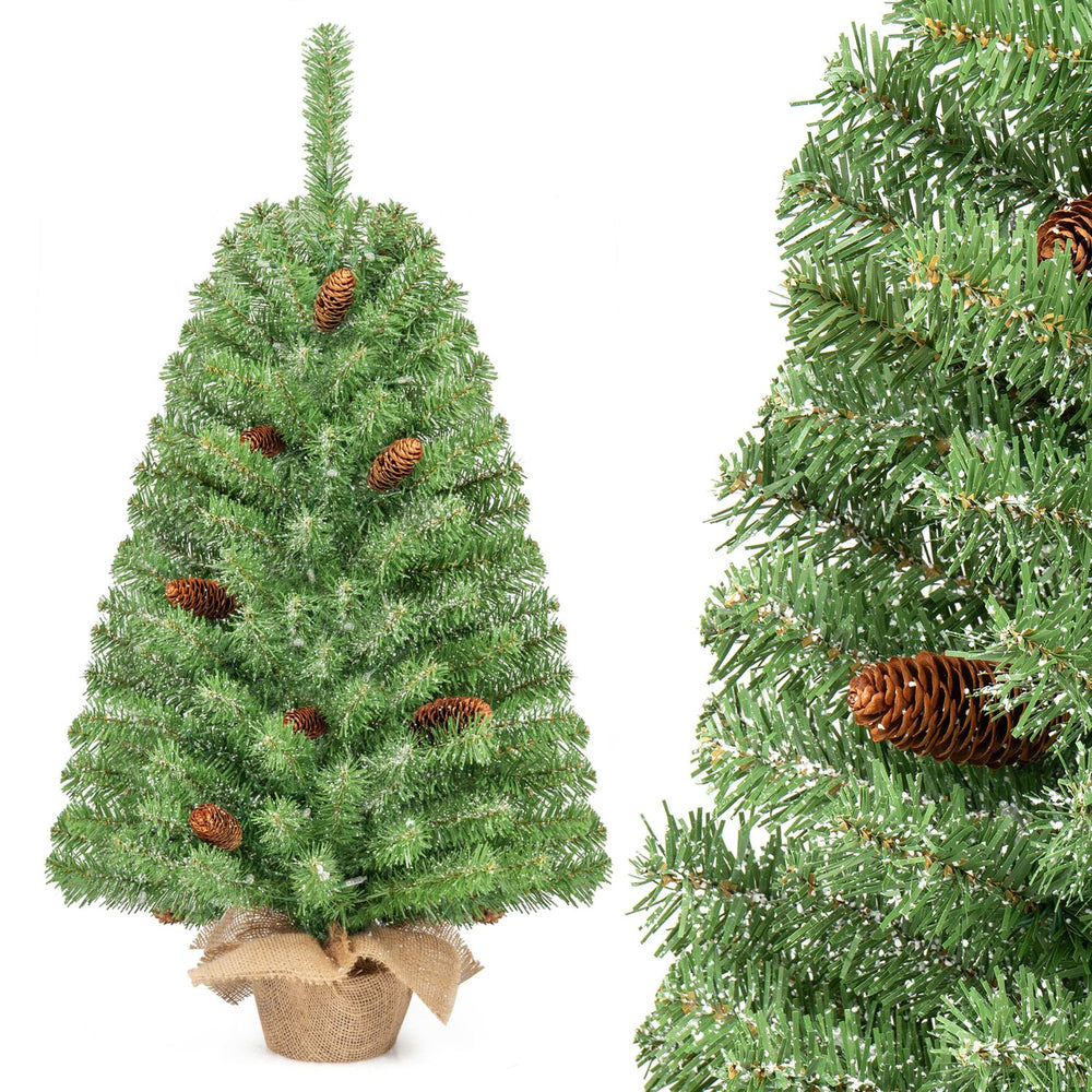 Pre-lit mini Christmas tree with 50 warm white LED lights, snow-dusted tips, pine cones, and a linen-wrapped base.