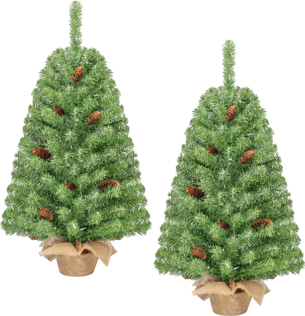 Two 3 ft pre-lit mini Christmas trees shown side by side with pine cones and linen-wrapped bases.