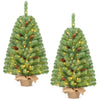 Set of 2 pre-lit mini Christmas trees with 50 warm white LED lights, pine cones, and linen-wrapped bases.