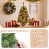 Pre-lit mini Christmas tree with 50 warm white LED lights and snow-dusted tips, shown lit for holiday décor.