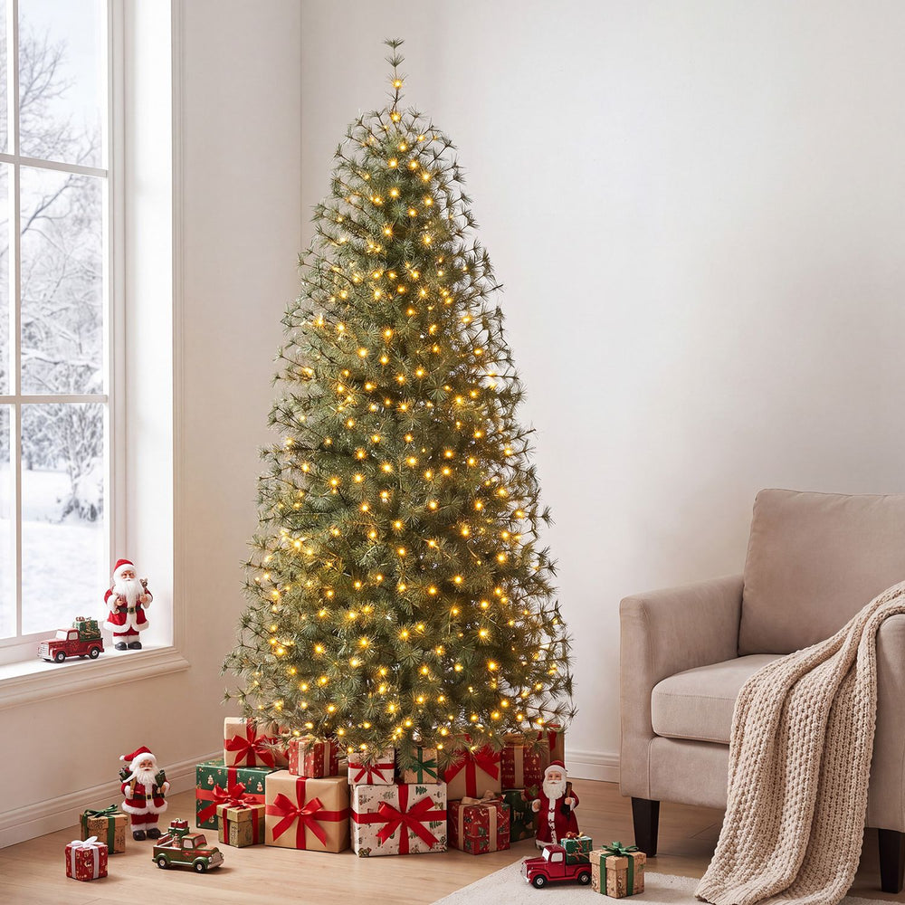 Decorated with presents, the pre-lit 6 ft Virginia pine Christmas tree features 225 warm white LED lights for festive charm.