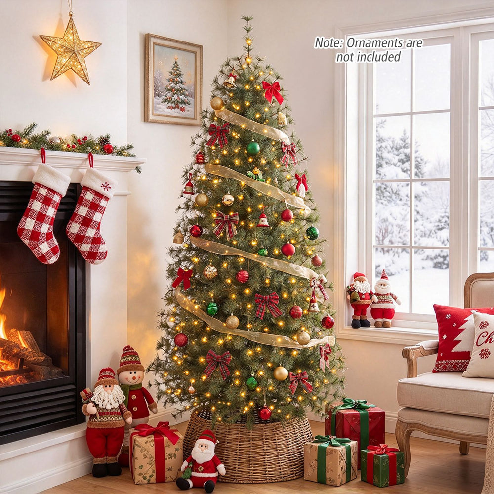 Pre-lit 6 ft Virginia pine Christmas tree with 225 warm white LED lights, decorated with festive bows and surrounded by gifts.