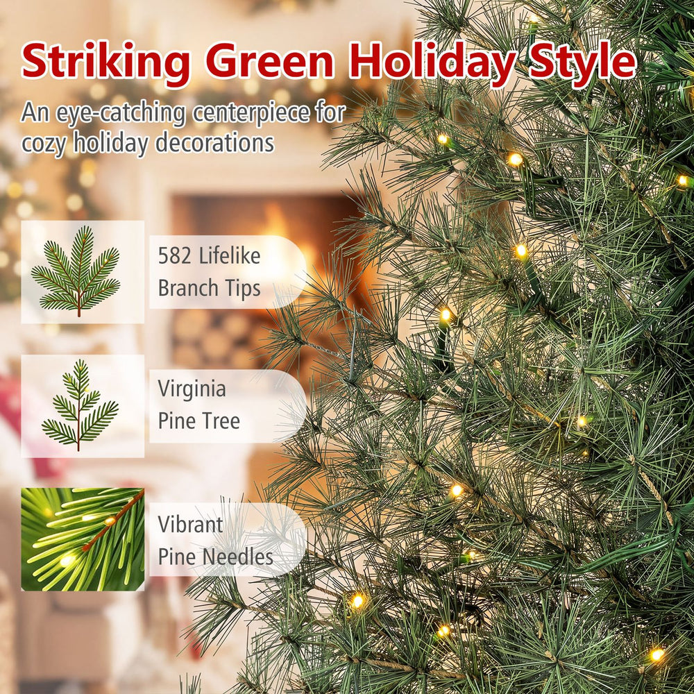Pre-lit 6 ft Virginia pine Christmas tree featuring 582 lifelike branch tips and 225 warm white LED lights for festive decor.