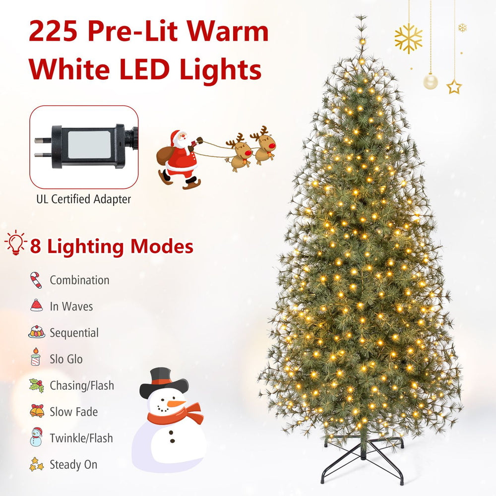 Pre-lit 6 ft Virginia pine Christmas tree with 225 warm white LED lights and 8 lighting modes for festive home decoration.