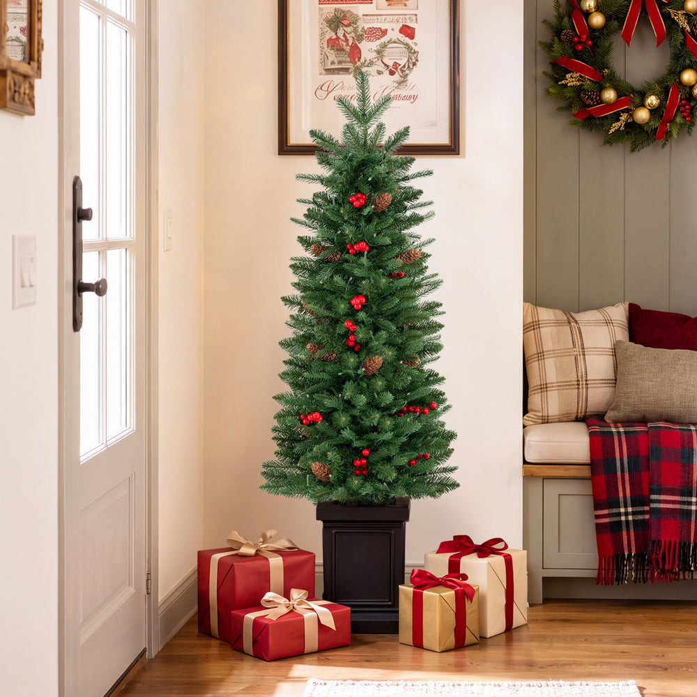 Pre-lit potted pencil Christmas tree with red berries and pine cones, perfect for festive holiday decor in any space.