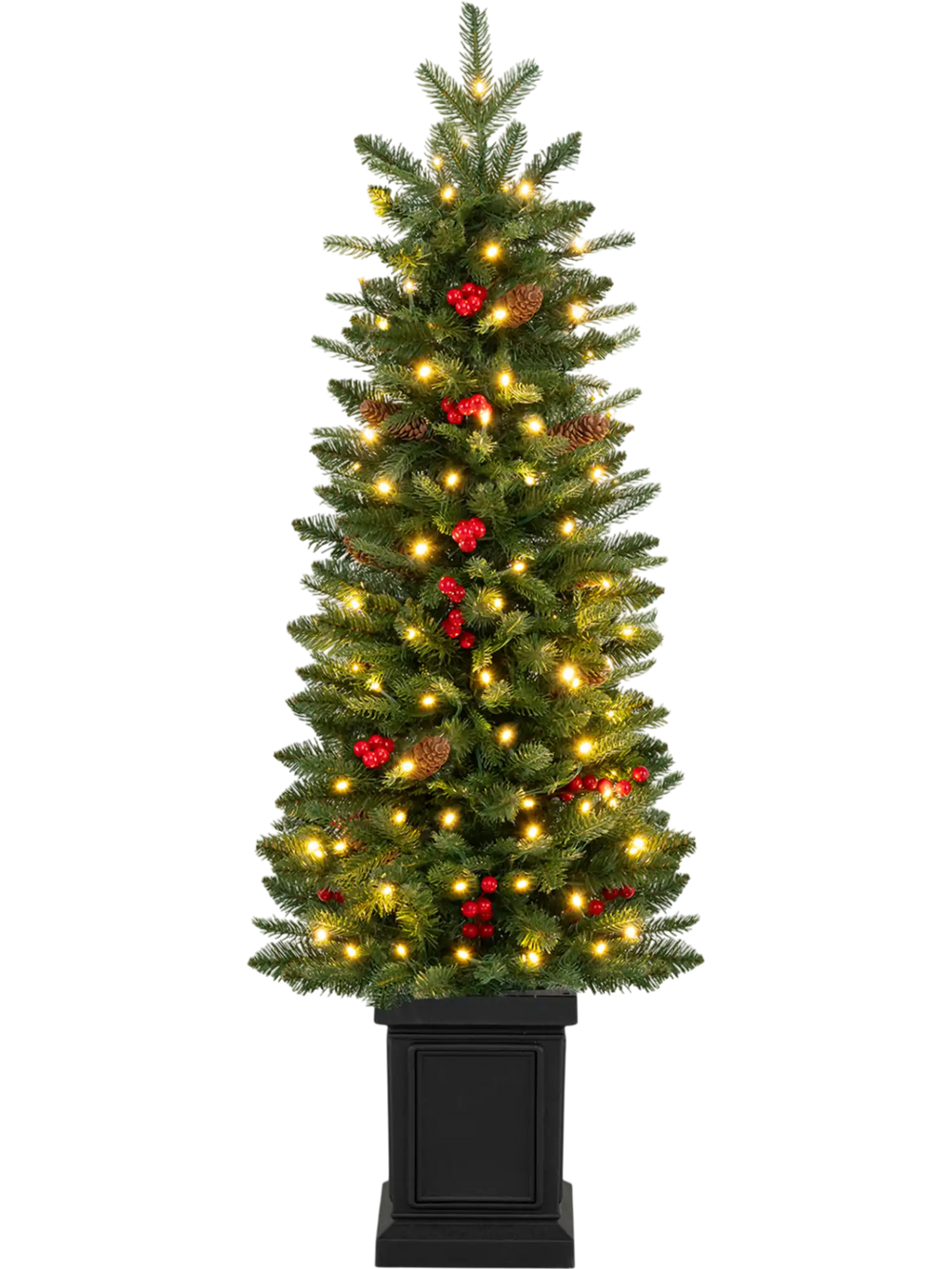 Potted 4 ft pre-lit Christmas tree with red berries and pine cones, featuring 100 LED lights for festive decor.