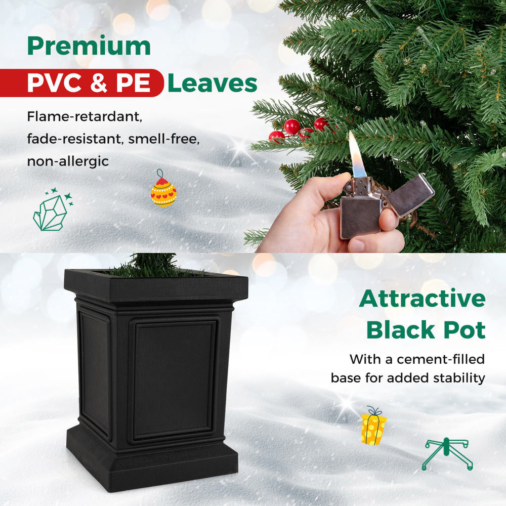 Pre-lit potted pencil Christmas tree with flame-retardant PE leaves, red berries, and a stable black cement-filled pot.