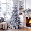 Snow flocked 7/6 FT pre-lit artificial Christmas tree with 500 LED lights, perfect for creating a cozy holiday atmosphere.