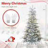 Snow flocked 6 FT pre-lit artificial Christmas tree with 500 LED lights, easy setup hinges, and included gloves for installation.