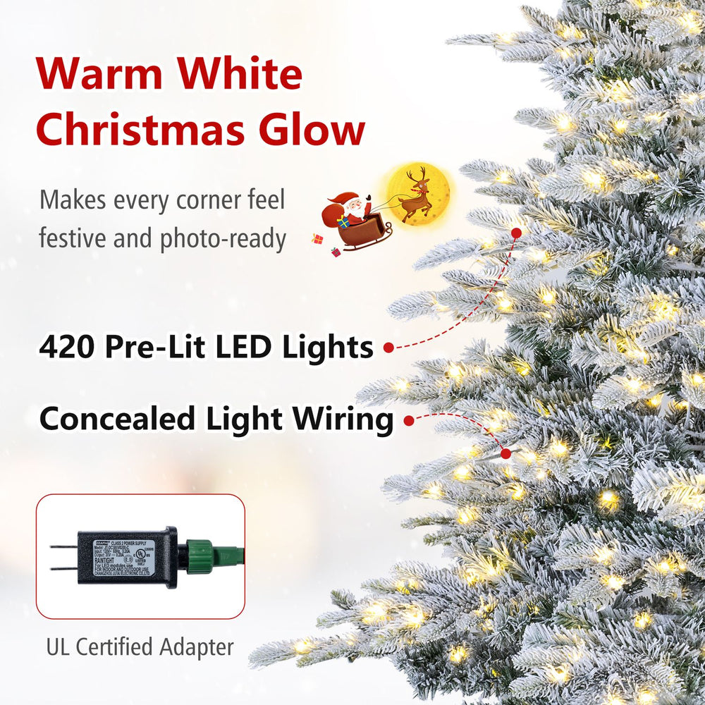 7/6 FT pre-lit snow flocked artificial Christmas tree with 420 LED lights and easy-setup hinged branches for festive decor.