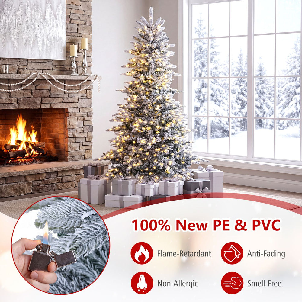 Snow flocked 7/6 FT pre-lit artificial Christmas tree with 500 LED lights, flame-retardant, and easy setup for festive decor.
