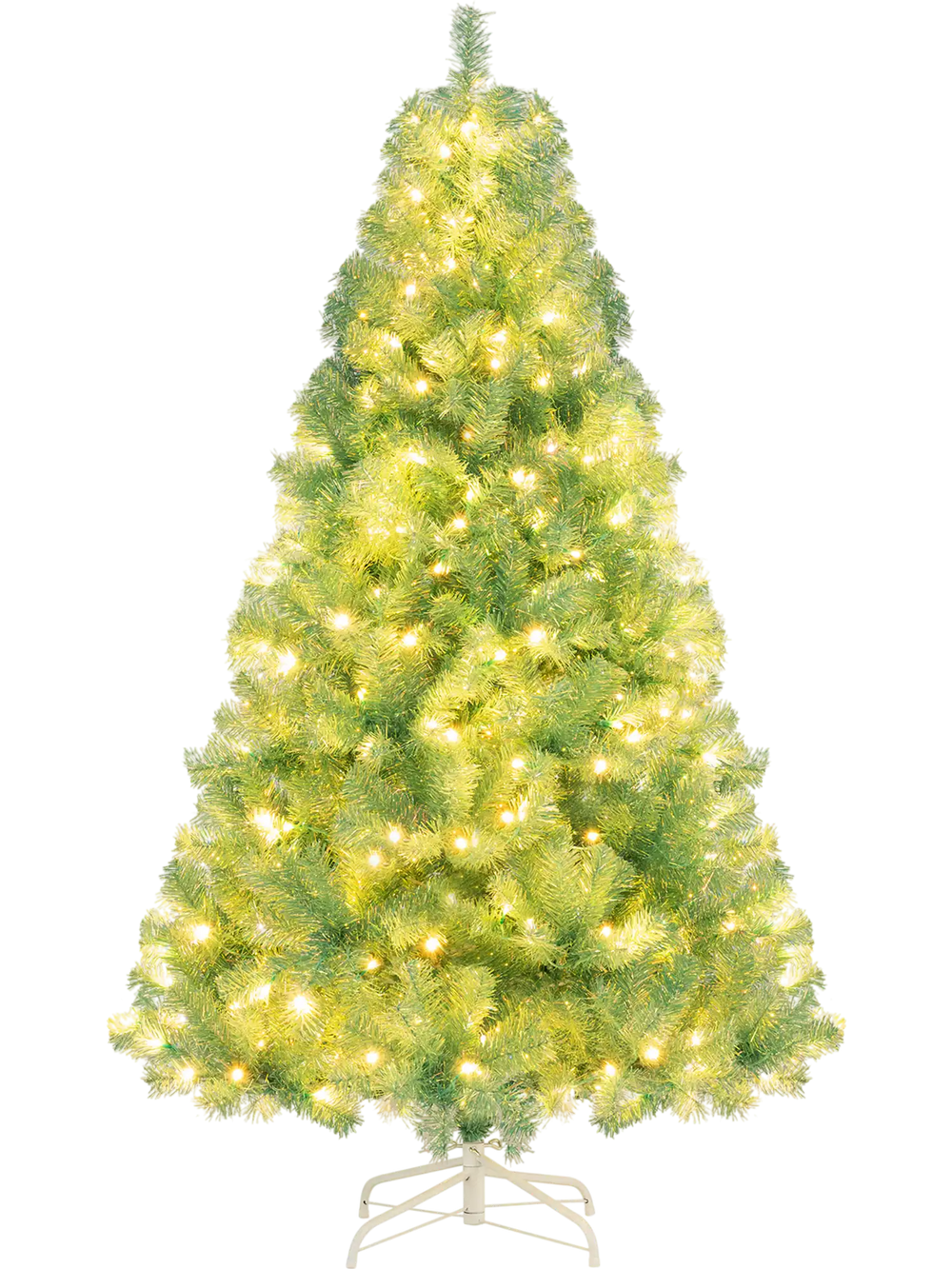Pre-lit tinsel Christmas tree with 688 branch tips and 250 warm white LED lights, perfect for festive home decoration.