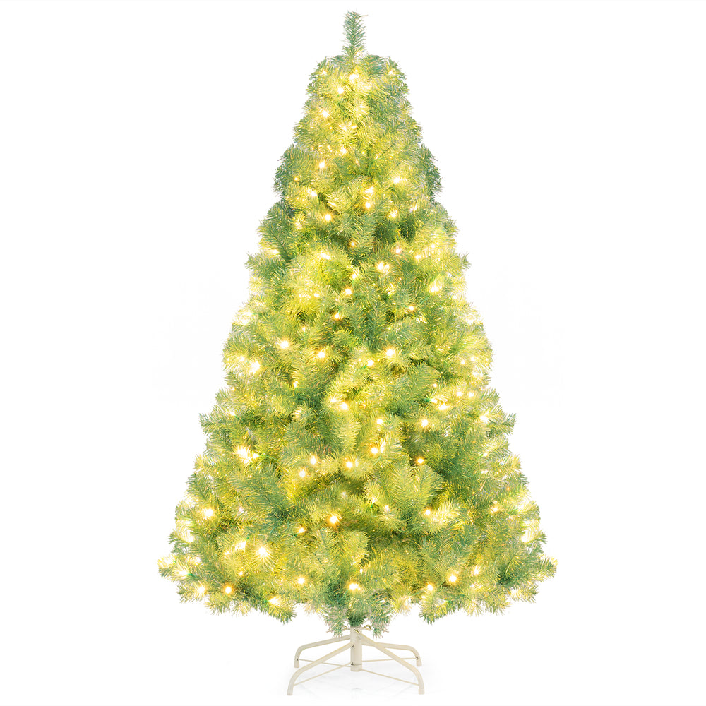 Pre-lit tinsel Christmas tree with 688 branch tips and 250 warm white LED lights, perfect for holiday decoration.