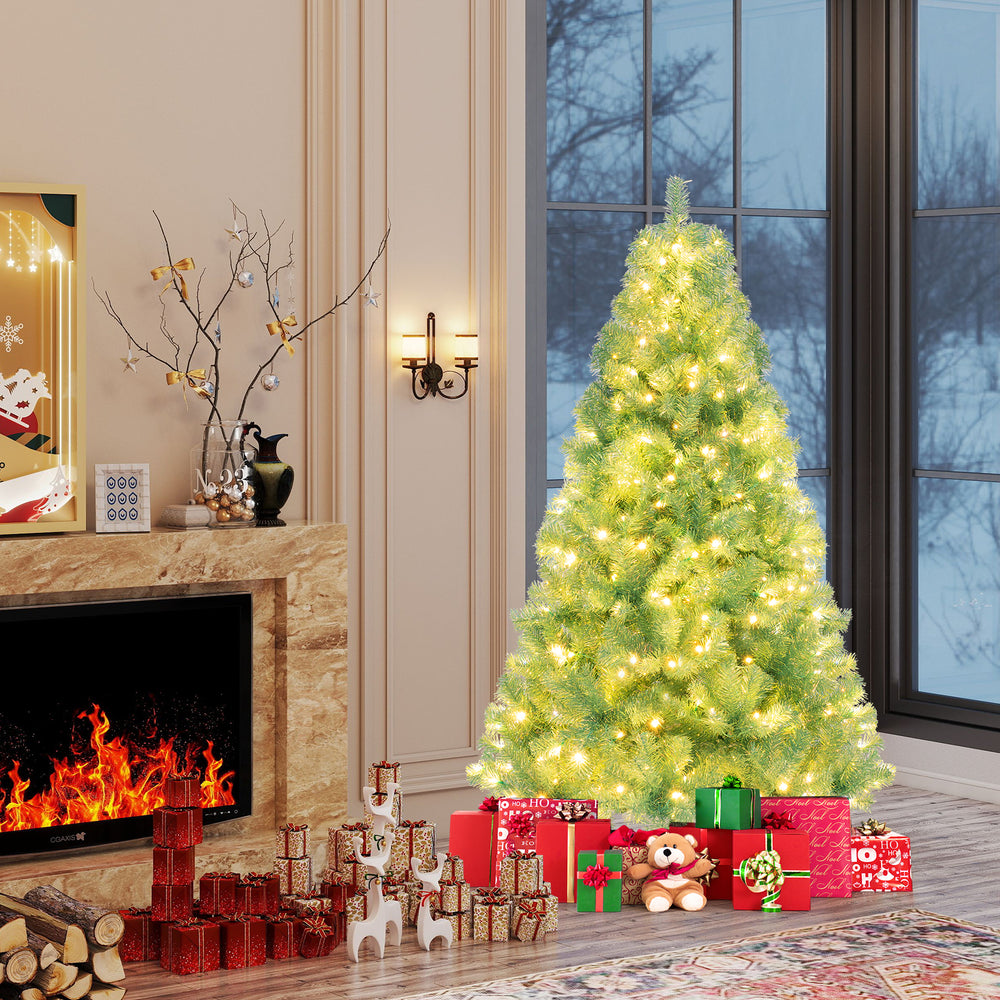 Pre-lit tinsel Christmas tree with warm white LED lights and festive decorations, perfect for holiday home decor.