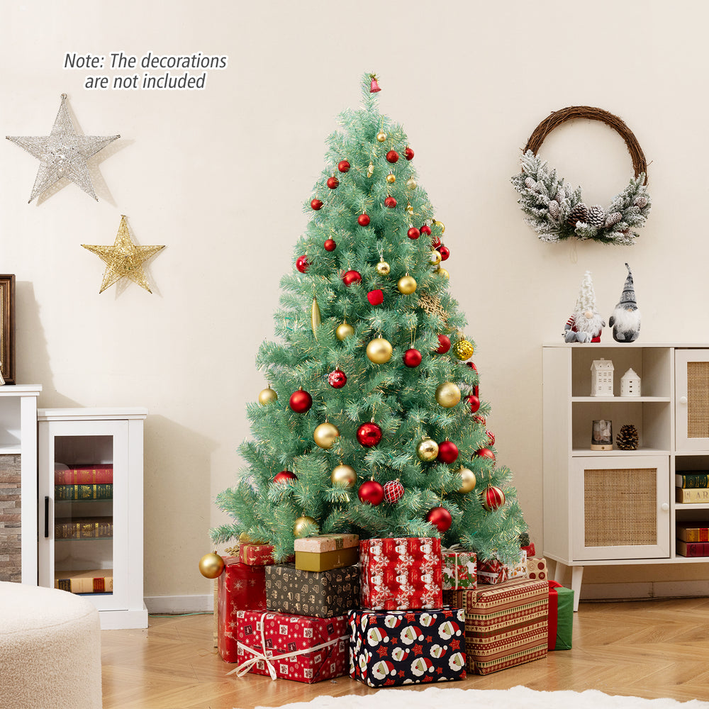 Full view of a pre-lit tinsel Christmas tree in fruit green, adorned with warm white LED lights, ideal for holiday.