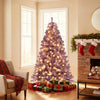 Pre-lit 6ft tinsel Christmas tree in deep purple with warm white LED lights, surrounded by colorful wrapped gifts.