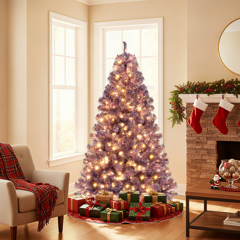 Pre-Lit Tinsel Christmas Tree Artificial Xmas Tree with Lush Branch Tips and Warm White LED Lights-6ft - Gallery View 1 of 11