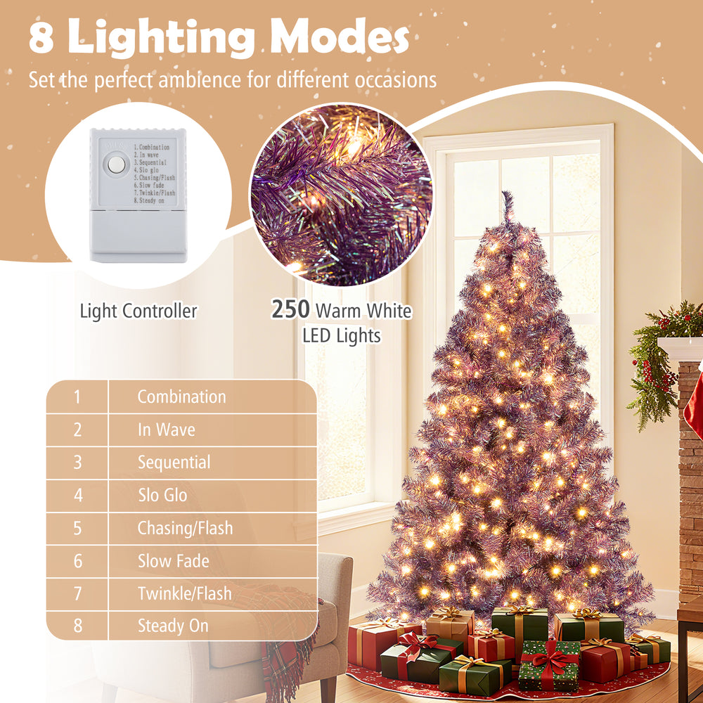 Pre-lit 6ft tinsel Christmas tree with 250 warm white LED lights and 8 lighting modes, ideal for festive decor.