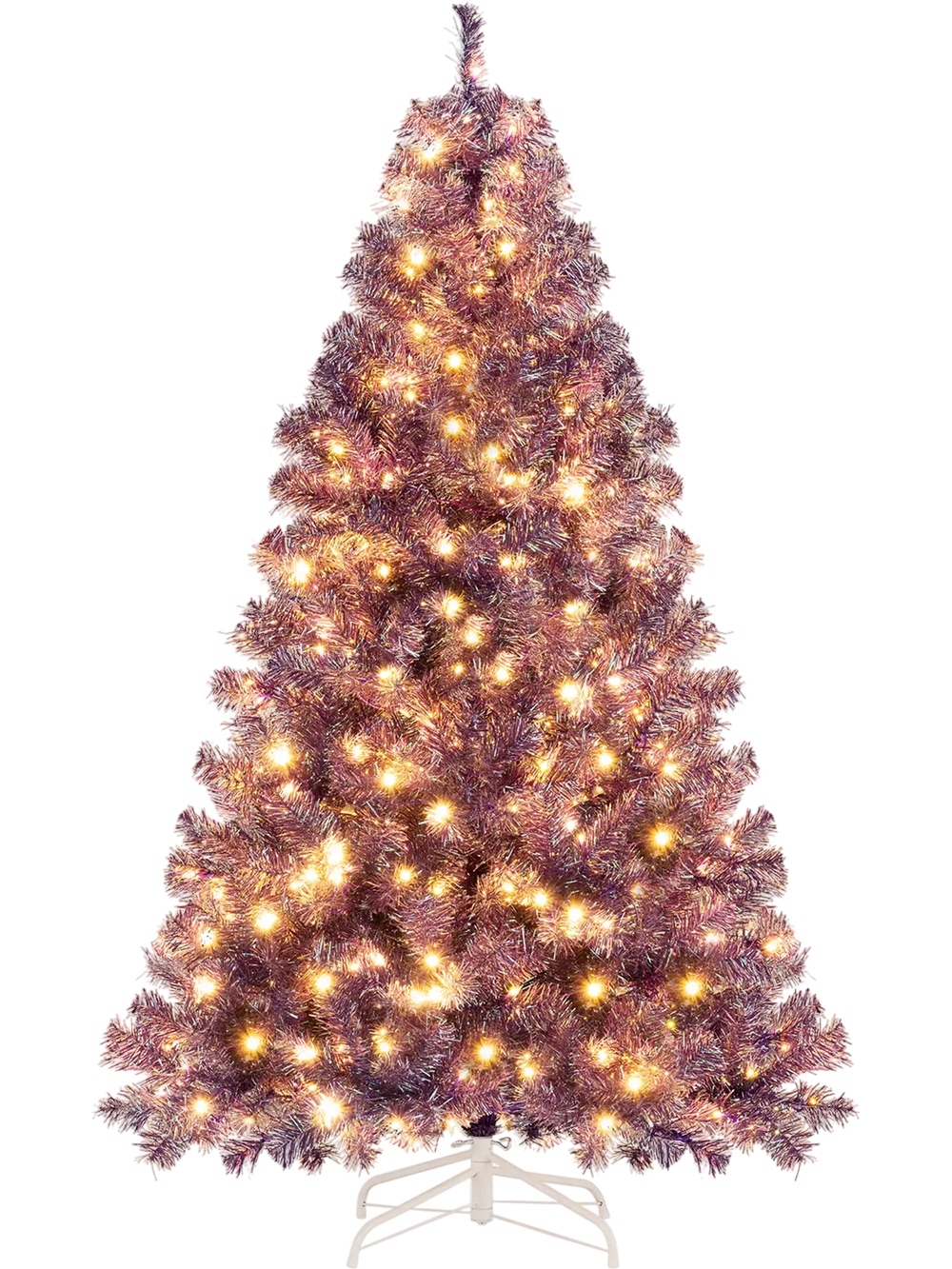 6ft pre-lit tinsel Christmas tree in deep purple with 250 warm white LED lights, perfect for festive decorations.