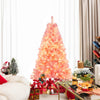 6ft pre-lit pink tinsel Christmas tree with 688 lush branch tips, warm white LED lights, and festive holiday.