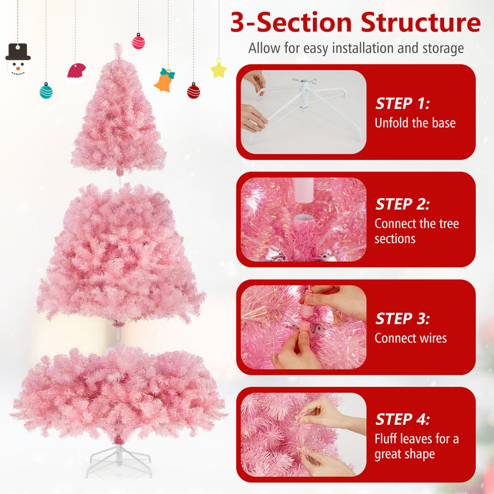 Pre-lit pink tinsel Christmas tree with 688 branch tips, 250 warm white LED lights, and 3-section structure for easy.