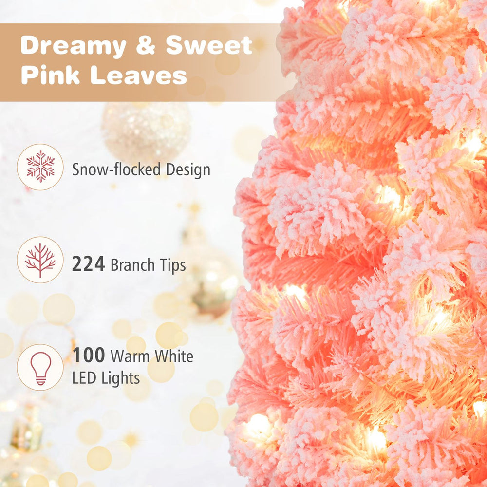 Pre-lit 4FT artificial Christmas tree with 224 snow-flocked pink leaves and 100 warm white LED lights for festive decor.