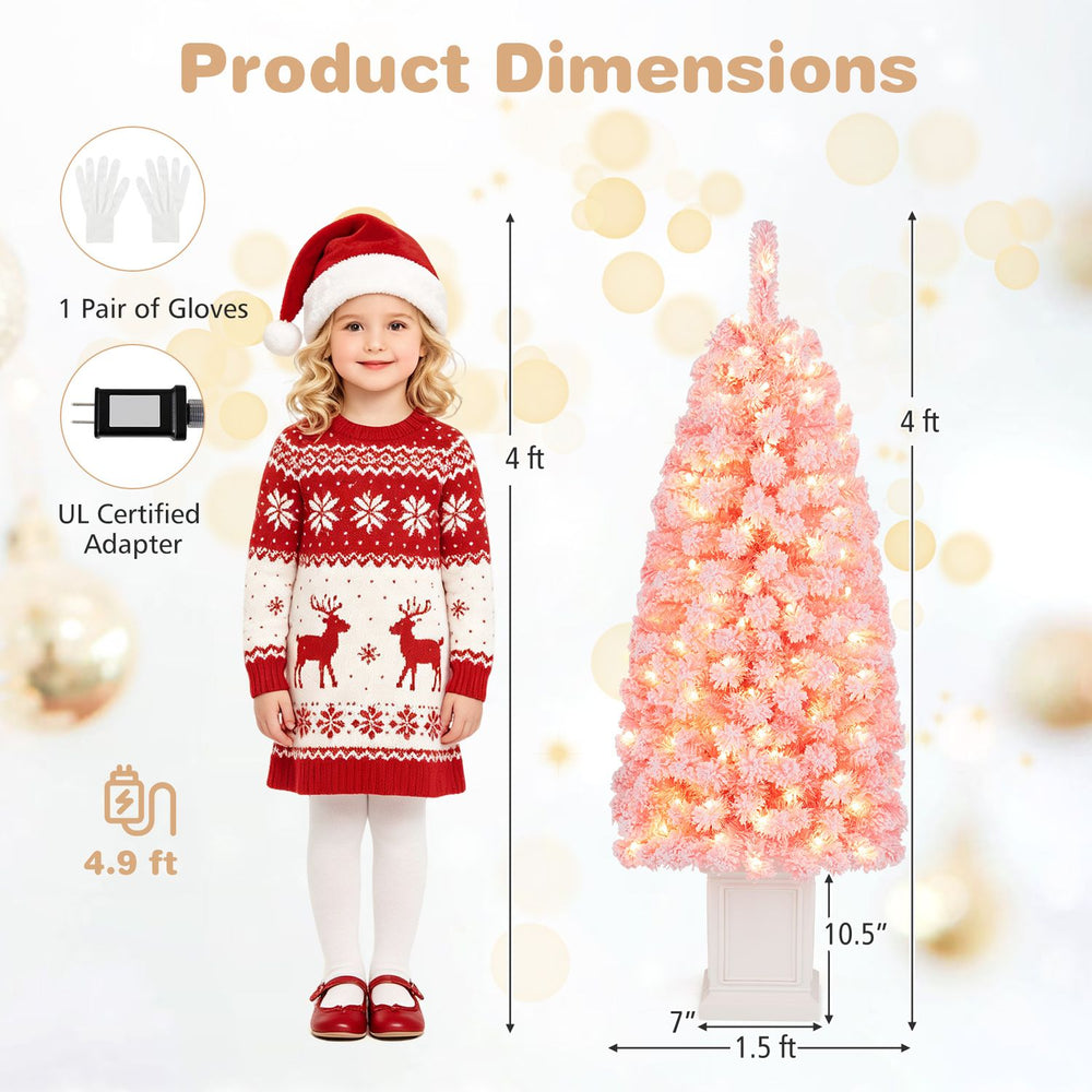 Dimensions of the pre-lit 4FT potted artificial Christmas tree with pink leaves and warm white LED lights for easy placement.