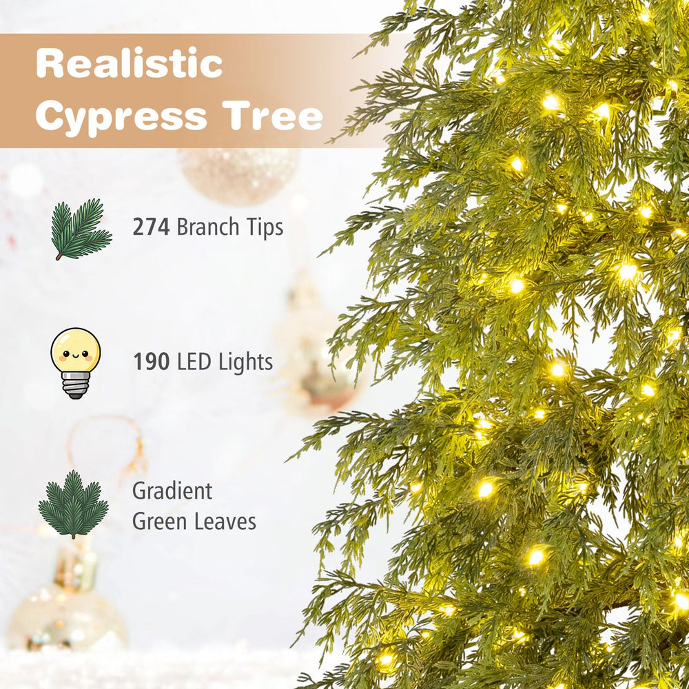 Realistic 6FT prelit cypress tree features 274 branch tips and 190 LED lights for festive indoor holiday decor.