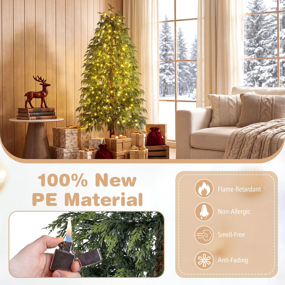 Prelit 6FT artificial Christmas tree features 274 realistic branches, warm white and multicolor LED lights for festive decor.
