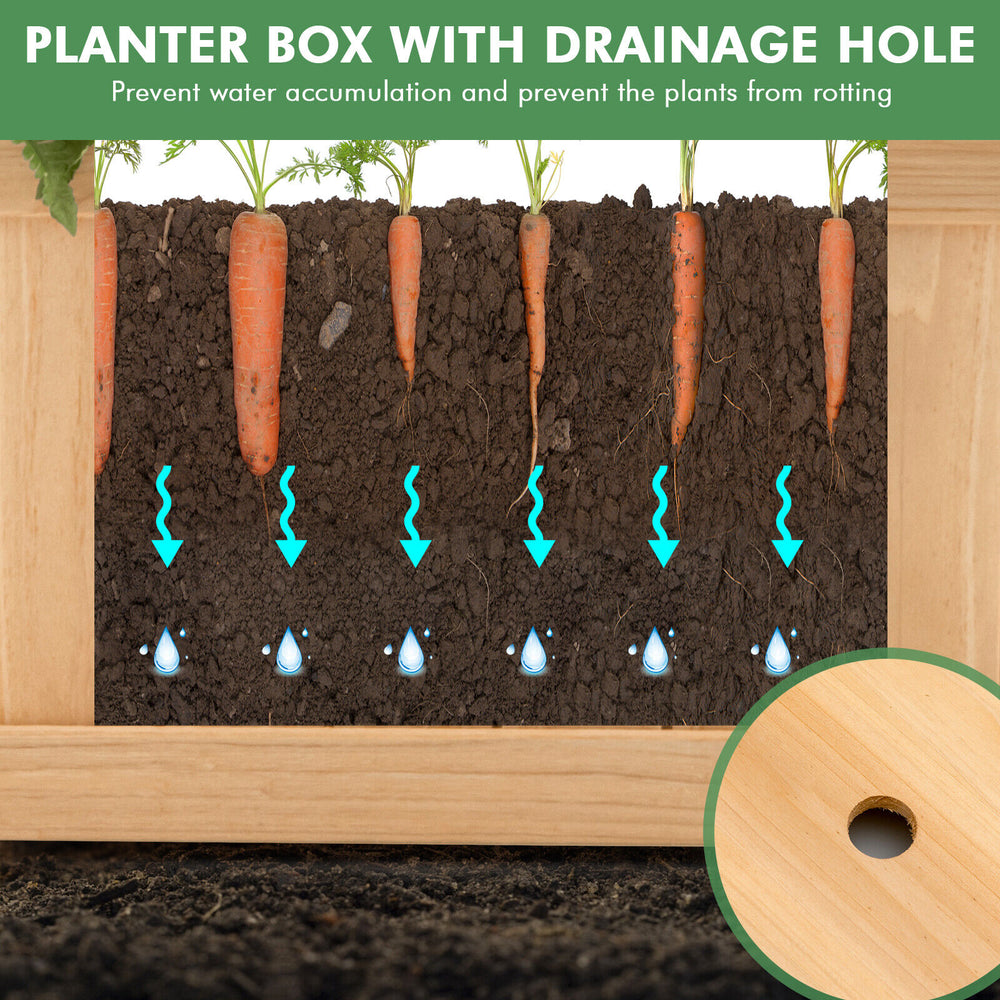 Folding wooden raised garden bed with drainage hole, ideal for growing herbs, fruits, and flowers on patios or gardens.